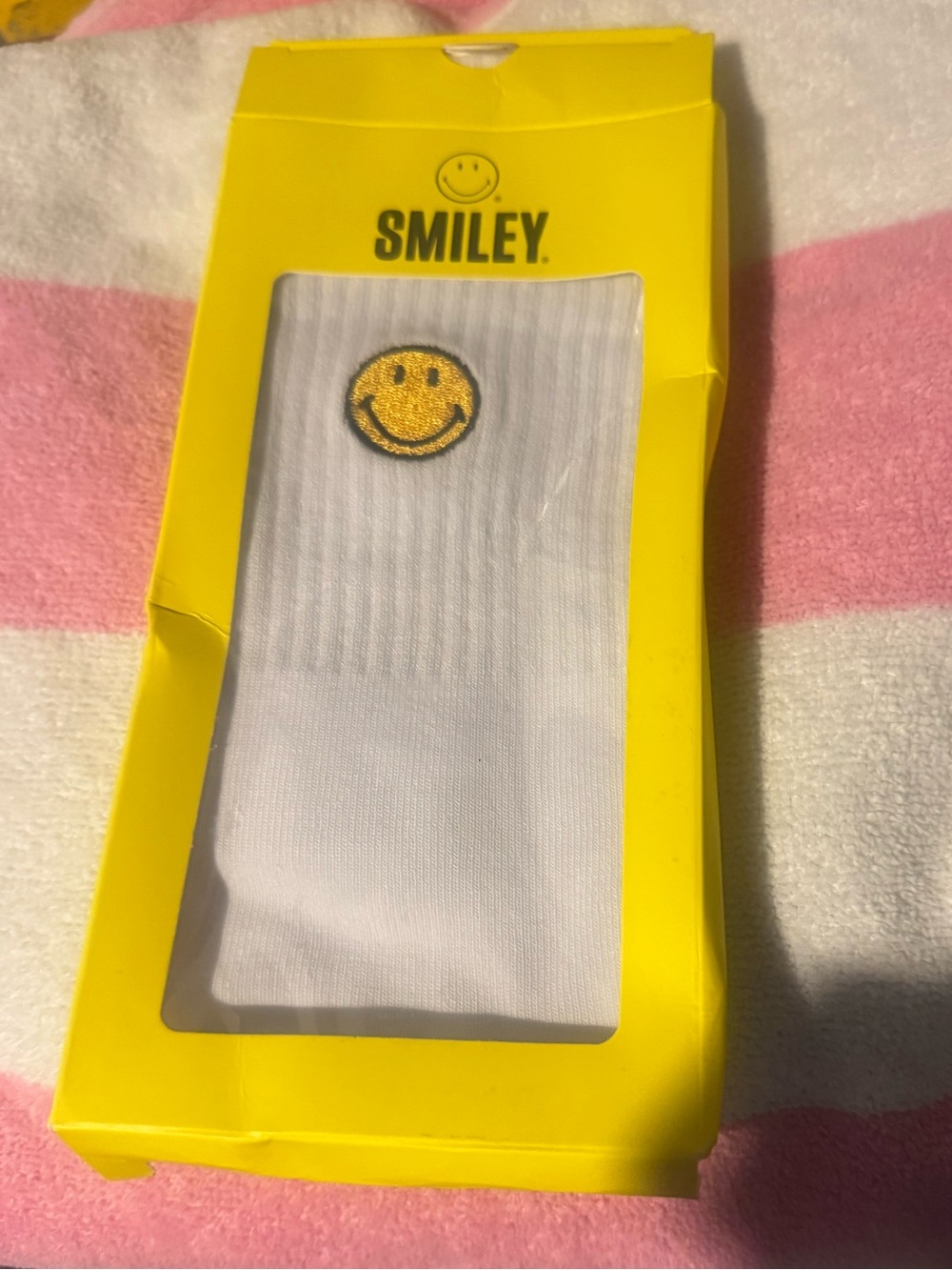 White Crew Socks with yellow smiley face😊 unisex but listed under womens-fun fun